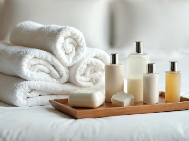 Shampoos, Spülungen und Handtücher auf einem Hotelbett