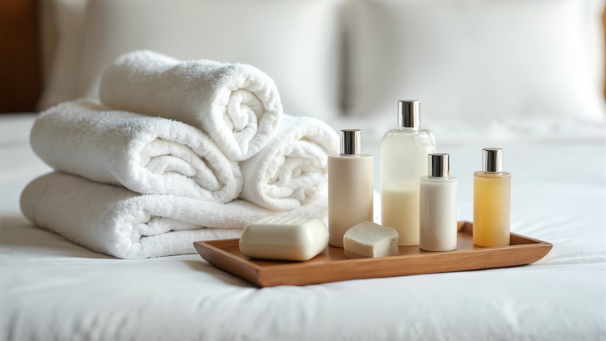 Shampoos, Spülungen und Handtücher auf einem Hotelbett