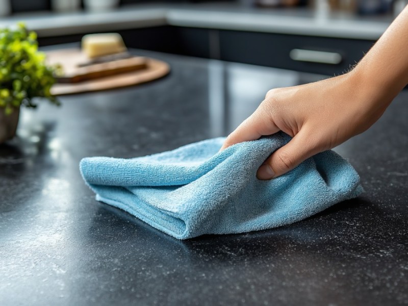 Küchenarbeitsplatte wird mit einem Tuch gereinigt